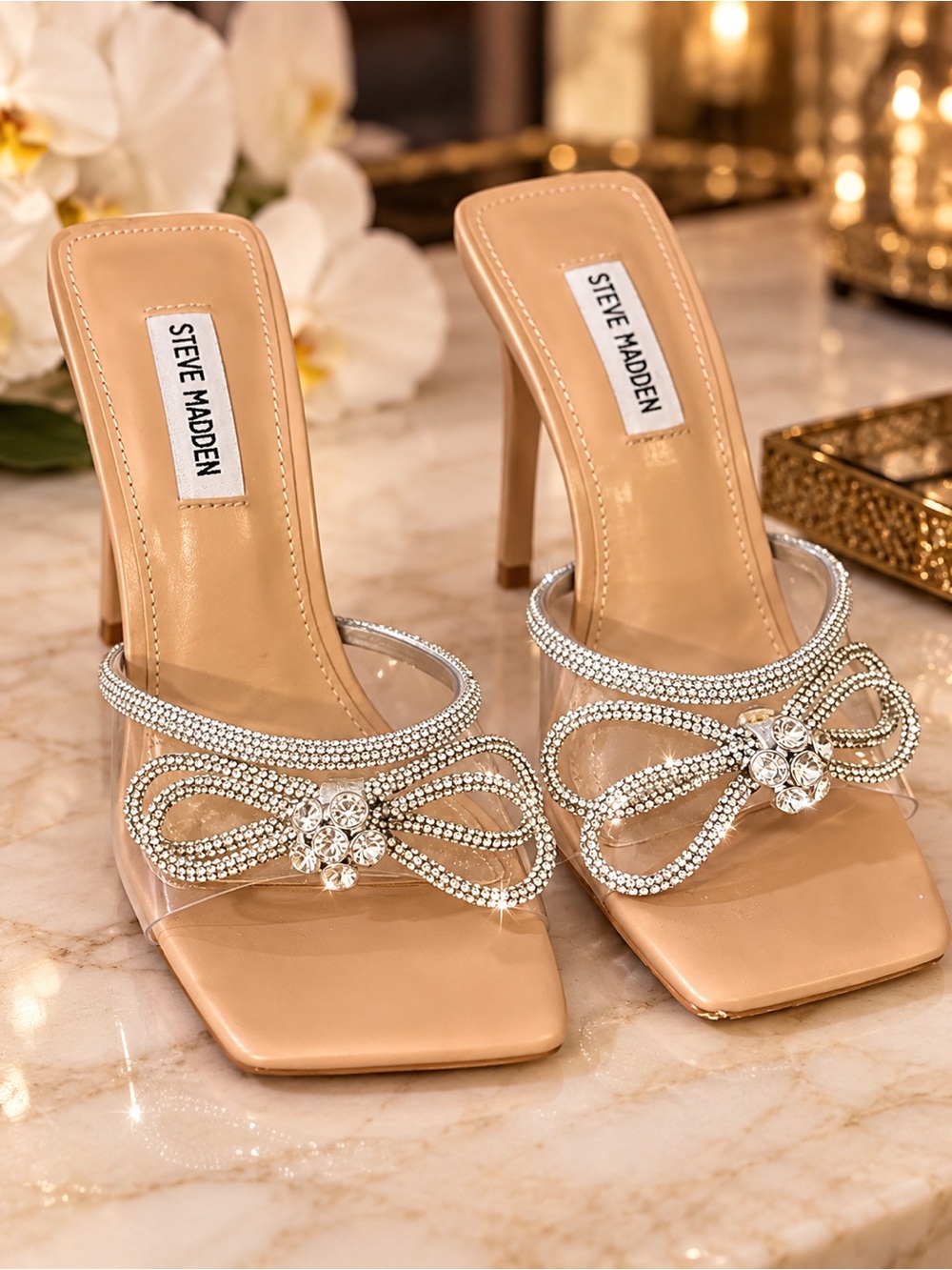 Steve Madden Rhinestone Bow Clear Mule Heels | Nude | Size 7